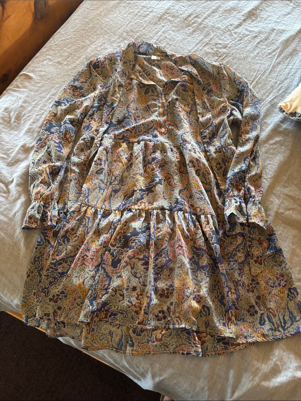 Elan Printed Paisley Blouse in Blue, Pink and Gold Tones